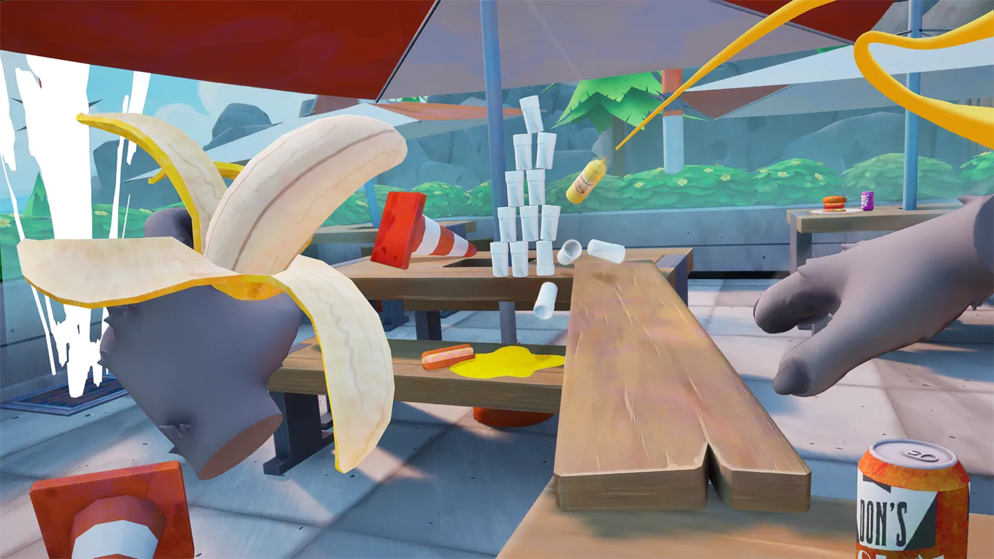 First person view of the player as a raccoon, holding objects in their hand and causing chaos